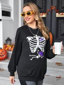 SHEIN Maternity Halloween Print Drop Shoulder Pullover - Black - View 5