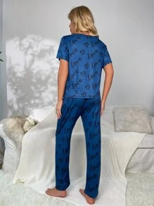 心形和字母图案睡衣套装/带眼罩的睡衣套装 - 藍色 - 查看 2