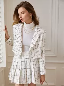 SHEIN Frenchy 西裝領格紋粗花呢西裝外套和百褶半身裙