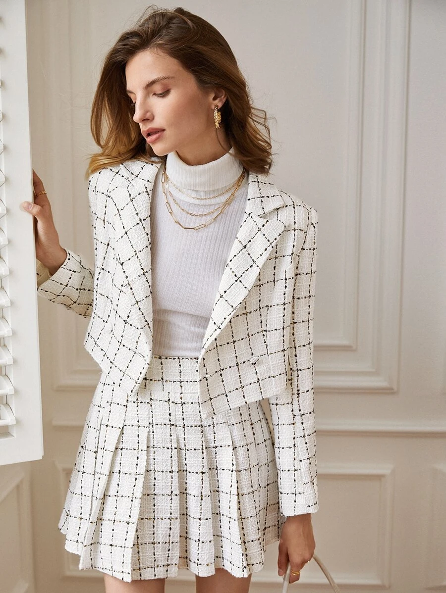 SHEIN Frenchy 西裝領格紋粗花呢西裝外套和百褶半身裙