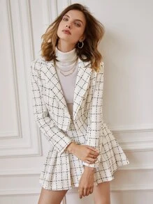 SHEIN Frenchy 西裝領格紋粗花呢西裝外套和百褶半身裙
