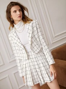SHEIN Frenchy 西裝領格紋粗花呢西裝外套和百褶半身裙