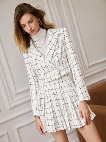 SHEIN Frenchy 西裝領格紋粗花呢西裝外套和百褶半身裙