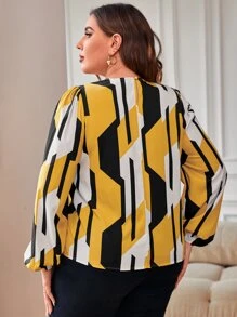 SHEIN Clasi 大碼幾何印花燈籠袖襯衫 - 彩色 - 查看 2