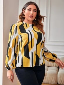 SHEIN Clasi 大碼幾何印花燈籠袖襯衫 - 彩色 - 查看 5