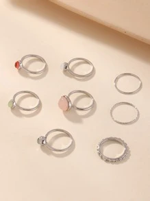 8入組圓形裝飾戒指 - 銀色 - 查看 2