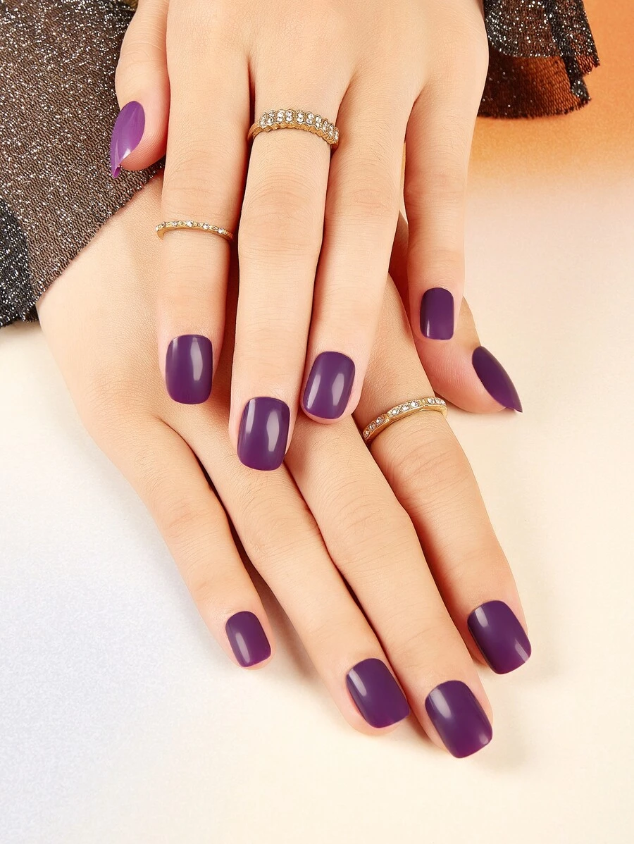 Nail Nina 24入組短方形實色優雅美甲配件套裝,包括膠水和指甲檔。適用於戶外活動,休閒,聚會,舞會和日常穿著 - 紫色 - 查看 1