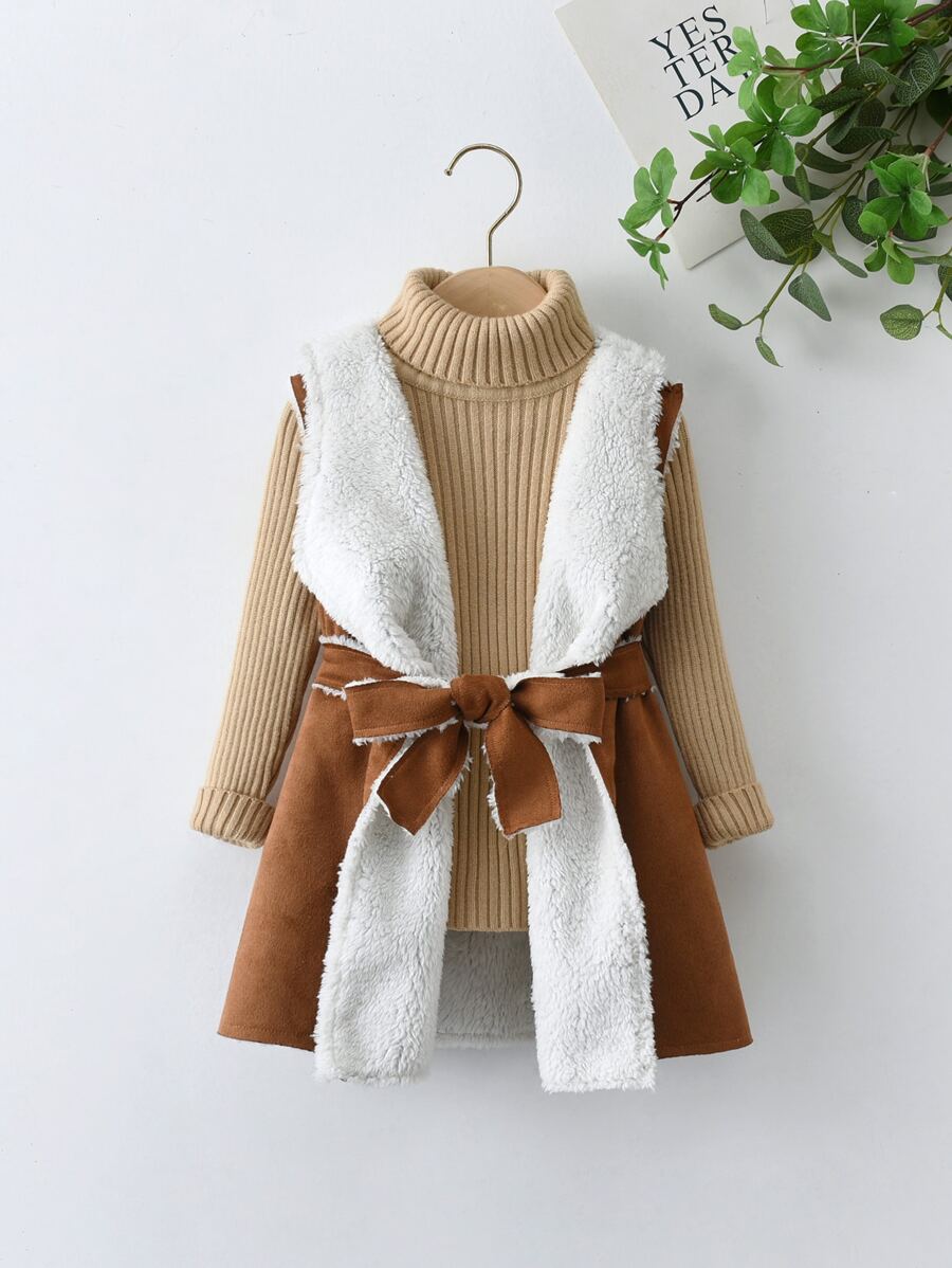 SHEIN 小女童加絨內裏腰帶外套馬甲無毛衣