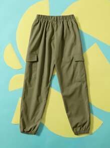 SHEIN 青少年男童彈性腰帶口袋裝或彈性口袋褲褲襪,適用於春秋