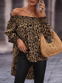 SHEIN Clasi Allover Print Off The Shoulder High Low Blouse - Brown - View 1