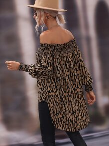 SHEIN Clasi Allover Print Off The Shoulder High Low Blouse - Brown - View 2