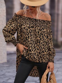 SHEIN Clasi Allover Print Off The Shoulder High Low Blouse - Brown - View 4