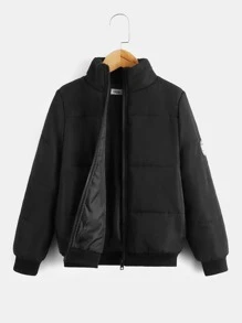SHEIN Tween Boys Letter Patched Padded Coat - Black - View 1