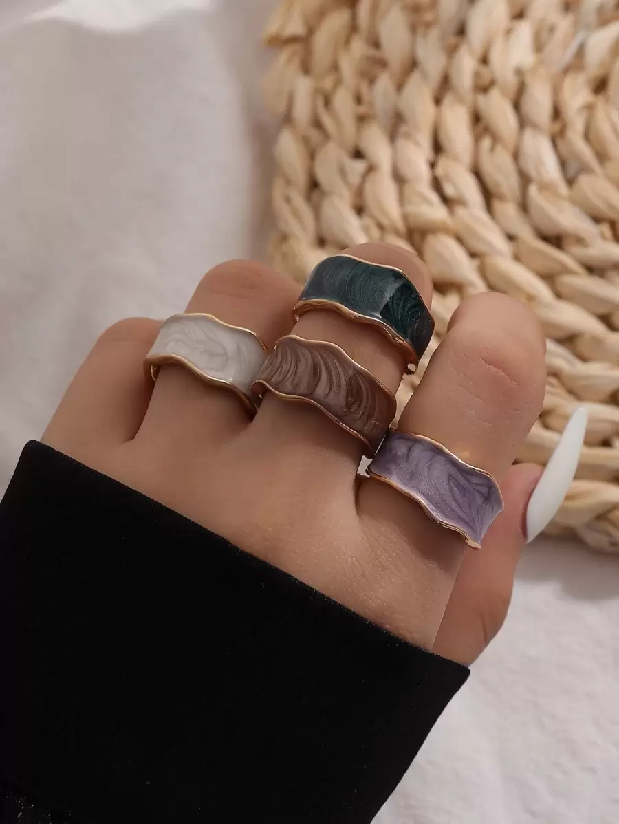 4入組波浪狀設計開口戒指 - 彩色 - 查看 1