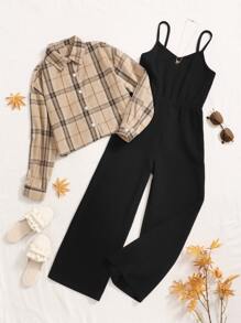 SHEIN 少女2入組休閒格紋襯衫和連身工裝褲