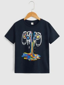 SHEIN Tween Boys' Retro Video Game Printed T-Shirt, Simple, Comfortable, Casual, Suitable For Everyday Summer Outfits - Navy Blue - View 1