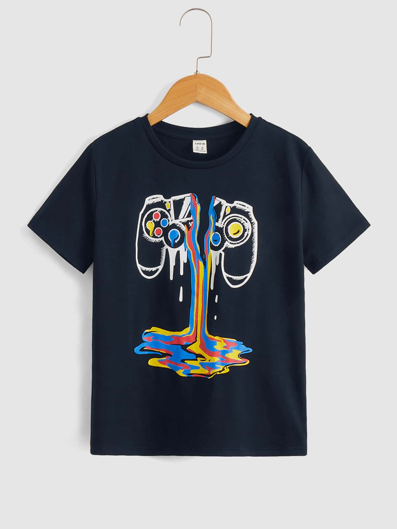 SHEIN Tween Boys' Retro Video Game Printed T-Shirt, Simple, Comfortable, Casual, Suitable For Everyday Summer Outfits - Navy Blue - View 1