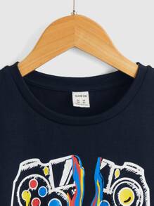 SHEIN Tween Boys' Retro Video Game Printed T-Shirt, Simple, Comfortable, Casual, Suitable For Everyday Summer Outfits - Navy Blue - View 3