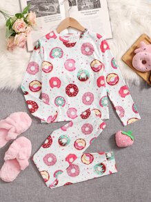 SHEIN Girls Donut Print PJ Set - Multicolor - View 1