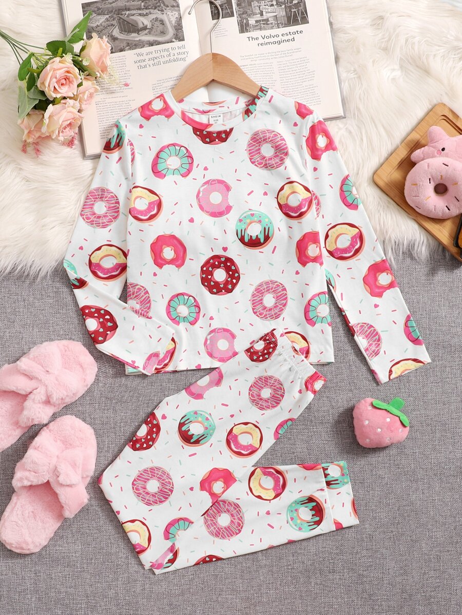 SHEIN Girls Donut Print PJ Set - Multicolor - View 1