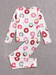 SHEIN Girls Donut Print PJ Set - Multicolor - View 2