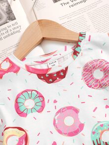 SHEIN Girls Donut Print PJ Set - Multicolor - View 3