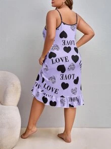 Plus Heart & Letter Graphic Ruffle Hem Cami Pajama Nightdress With Eye Mask - Purple - View 2