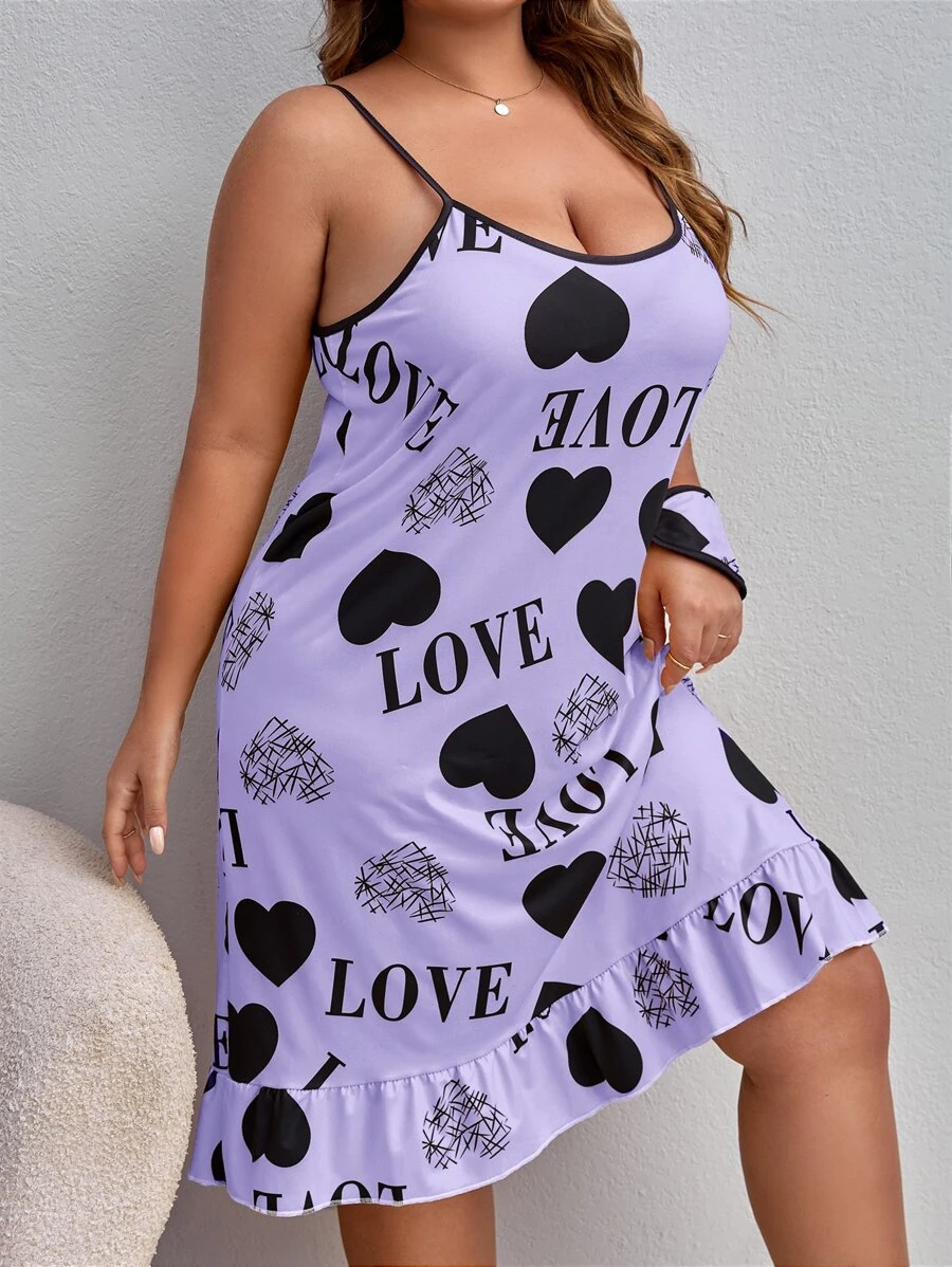 Plus Heart & Letter Graphic Ruffle Hem Cami Pajama Nightdress With Eye Mask - Purple - View 1