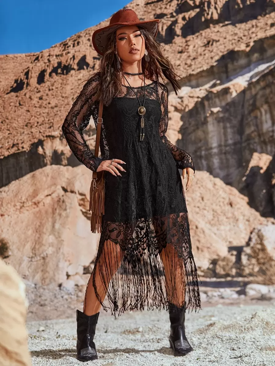 SHEIN VCAY Vestido túnico unicolor con encaje sin camisola - Negro - Ver 1