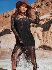 SHEIN VCAY Vestido túnico unicolor con encaje sin camisola - Negro - Ver 5