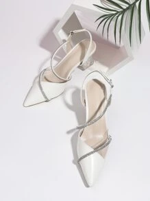 Rhinestone Decor Point Toe Clear Chunky Heeled Slingback Pumps, Solid Color Ladies High Heel Shoes With Transparent Heels And White Rhinestones For Parties Valentines - White - View 1