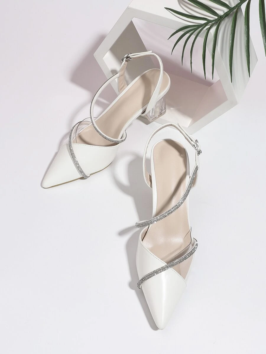 Rhinestone Decor Point Toe Clear Chunky Heeled Slingback Pumps, Solid Color Ladies High Heel Shoes With Transparent Heels And White Rhinestones For Parties Valentines - White - View 1
