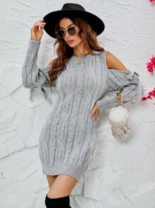 SHEIN LUNE Cold Shoulder Knot Detail Cable Knit Jumper Dress - Light Grey - View 3