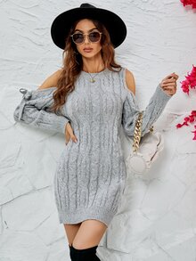 SHEIN LUNE Cold Shoulder Knot Detail Cable Knit Jumper Dress - Light Grey - View 4