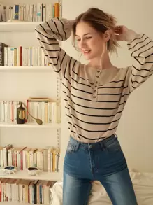 SHEIN Frenchy Áo len nữ Nút phía trước Sọc Giải trí - Nhiều màu - Xem 1