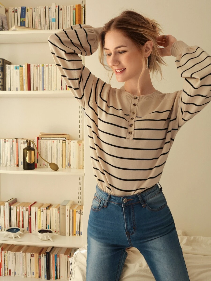 SHEIN Frenchy Áo len nữ Nút phía trước Sọc Giải trí - Nhiều màu - Xem 1