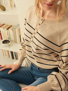 SHEIN Frenchy Áo len nữ Nút phía trước Sọc Giải trí - Nhiều màu - Xem 3