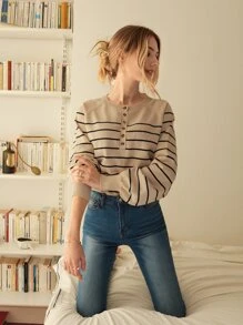 SHEIN Frenchy Áo len nữ Nút phía trước Sọc Giải trí - Nhiều màu - Xem 4