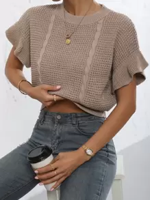 Ruffle Cuff Dolman Sleeve Cable Knit Top - Khaki - View 3