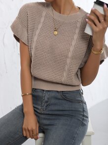 Ruffle Cuff Dolman Sleeve Cable Knit Top - Khaki - View 4