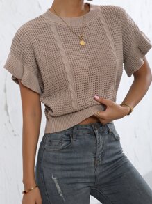 Ruffle Cuff Dolman Sleeve Cable Knit Top - Khaki - View 5