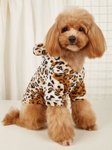 豹紋圖案3D耳朵設計連帽長毛絨寵物外套 - 彩色 - 查看 1