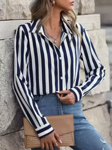 SHEIN Clasi Camisa de rayas verticales con estampado con botón - Azul y blanco - Ver 4