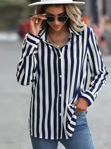 SHEIN Clasi Camisa de rayas verticales con estampado con botón - Azul y blanco - Ver 5