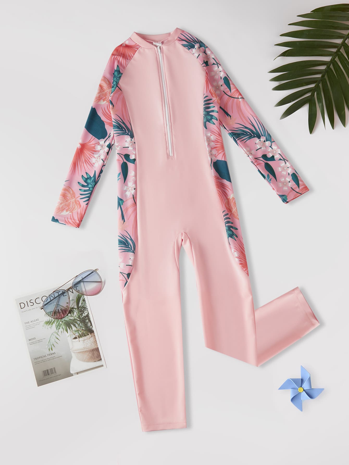 SHEIN Tween Girl Floral Print Zip Front One Piece Swimsuit - Pink - View 1