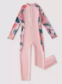 SHEIN Tween Girl Floral Print Zip Front One Piece Swimsuit - Pink - View 4