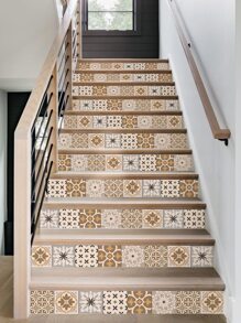 1 条波西米亚图案防水楼梯贴纸自粘防潮花朵瓷砖贴纸家居装饰厨房浴室背景墙贴 6.97 * 41.73 英寸装饰、贴纸、墙贴花、乙烯基贴花用于家居装饰、春季装饰物品刷新您的家、装饰贴纸 E-I-D 地砖地板地砖自粘地砖剥离粘贴地板客厅装饰房间装饰 - 彩色 - 查看 4