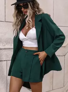 SHEIN Clasi Bộ âu phục nữ Túi Dây kéo Nút phía trước màu trơn Giải trí - Màu xanh lá cây đậm - Xem 1