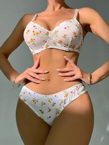 Floral Print Bra & Panty Lingerie Set - White - View 4