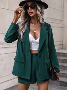 SHEIN Clasi Bộ âu phục nữ Túi Dây kéo Nút phía trước màu trơn Giải trí - Màu xanh lá cây đậm - Xem 4